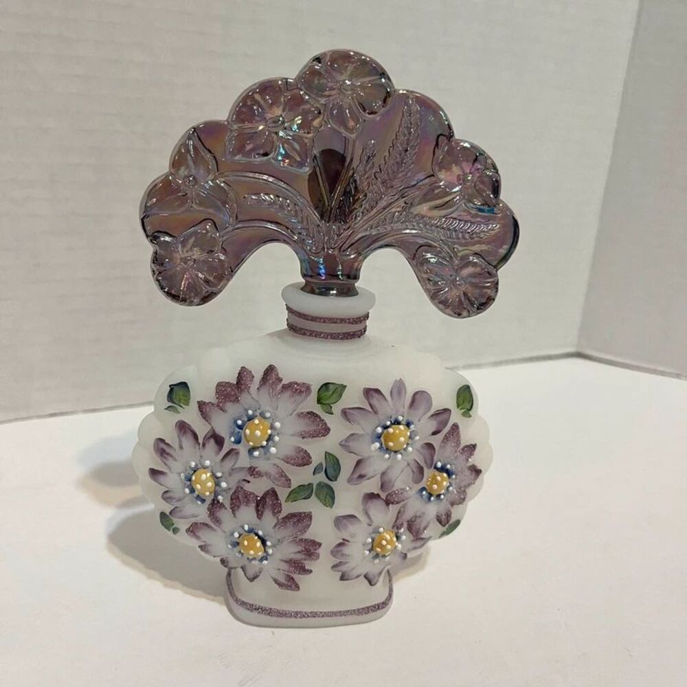 Fenton Glass Perfume Bottle Floral Design Vintage Purple Carnival Stopper